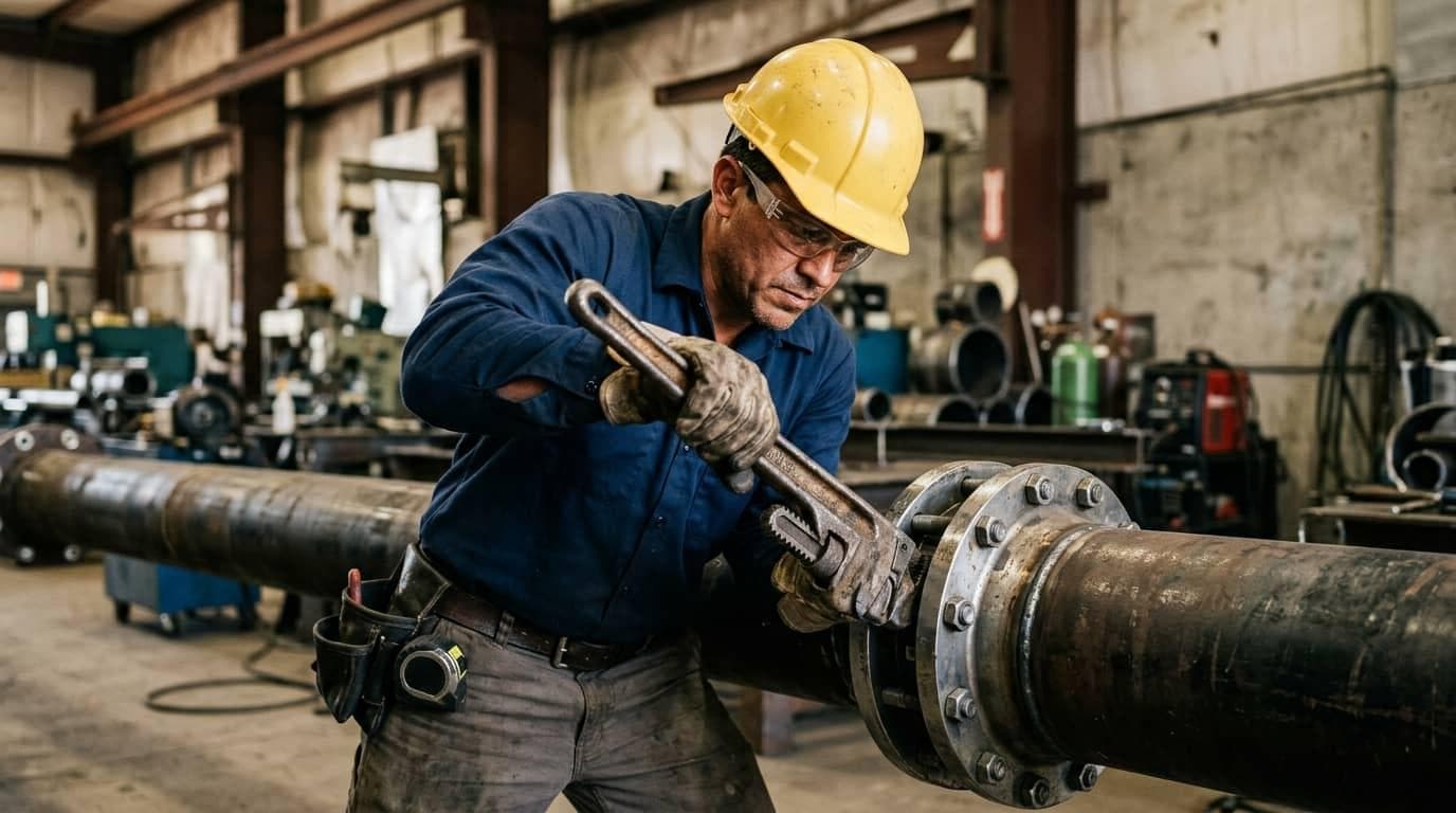 Pijpfitter met veiligheidshelm werkt aan een grote leidingverbinding