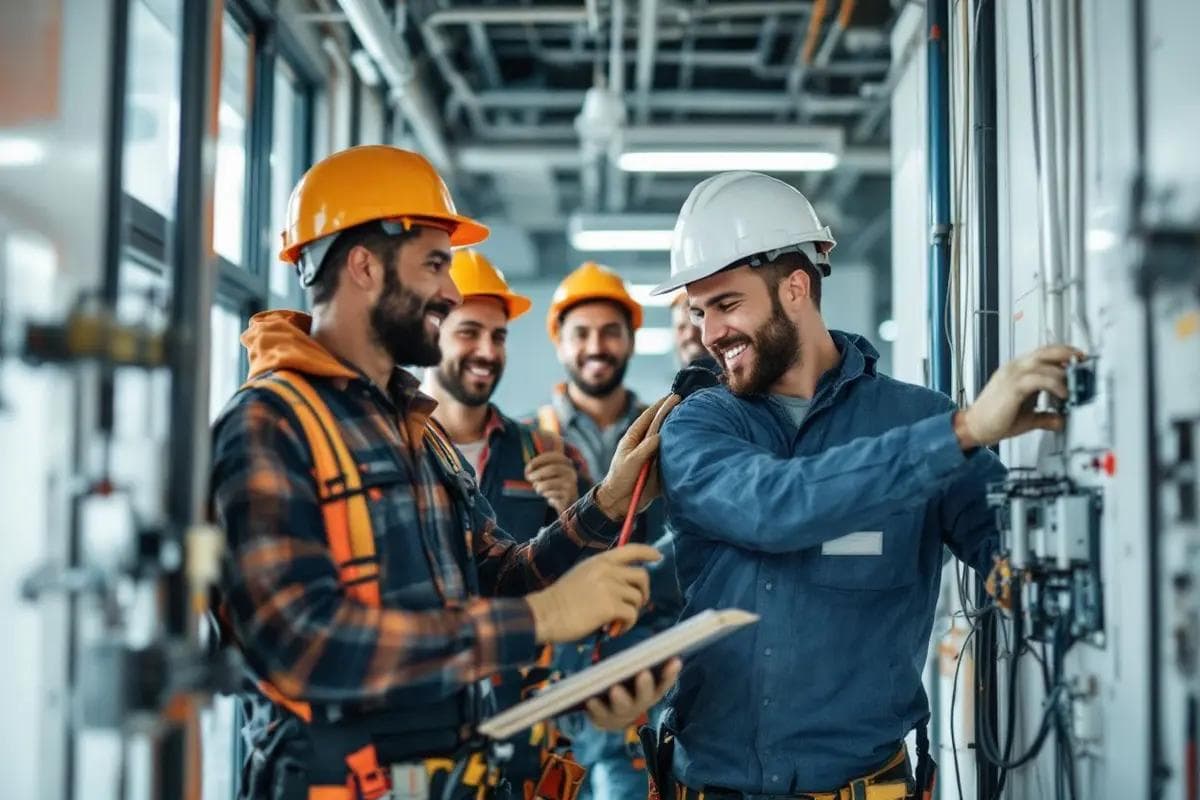 Technisch team overlegt bij een machine in een fabriek